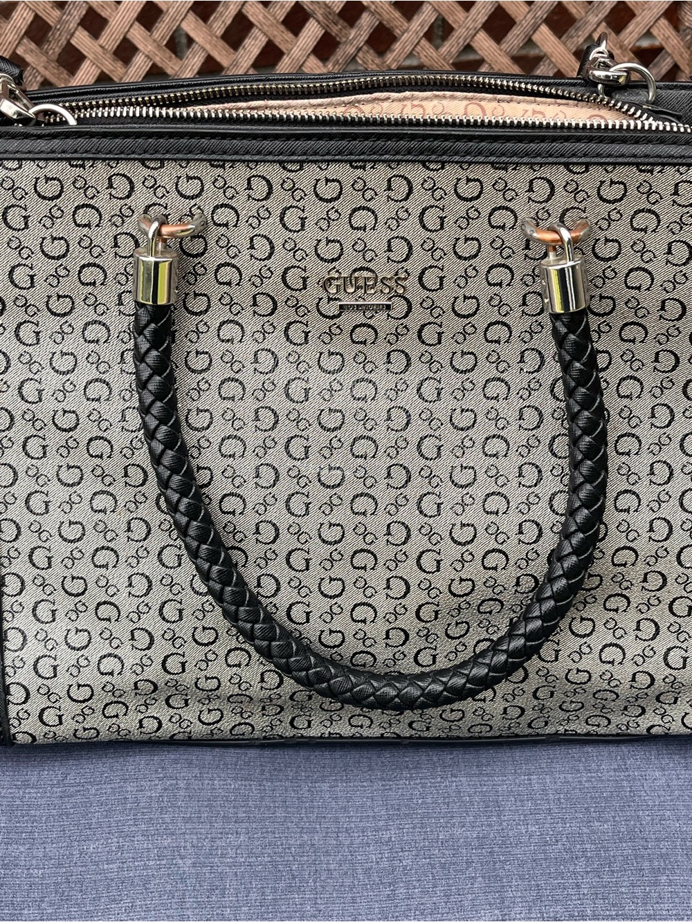 GUESS Beige Monogram Satchel with Black Braided Handles